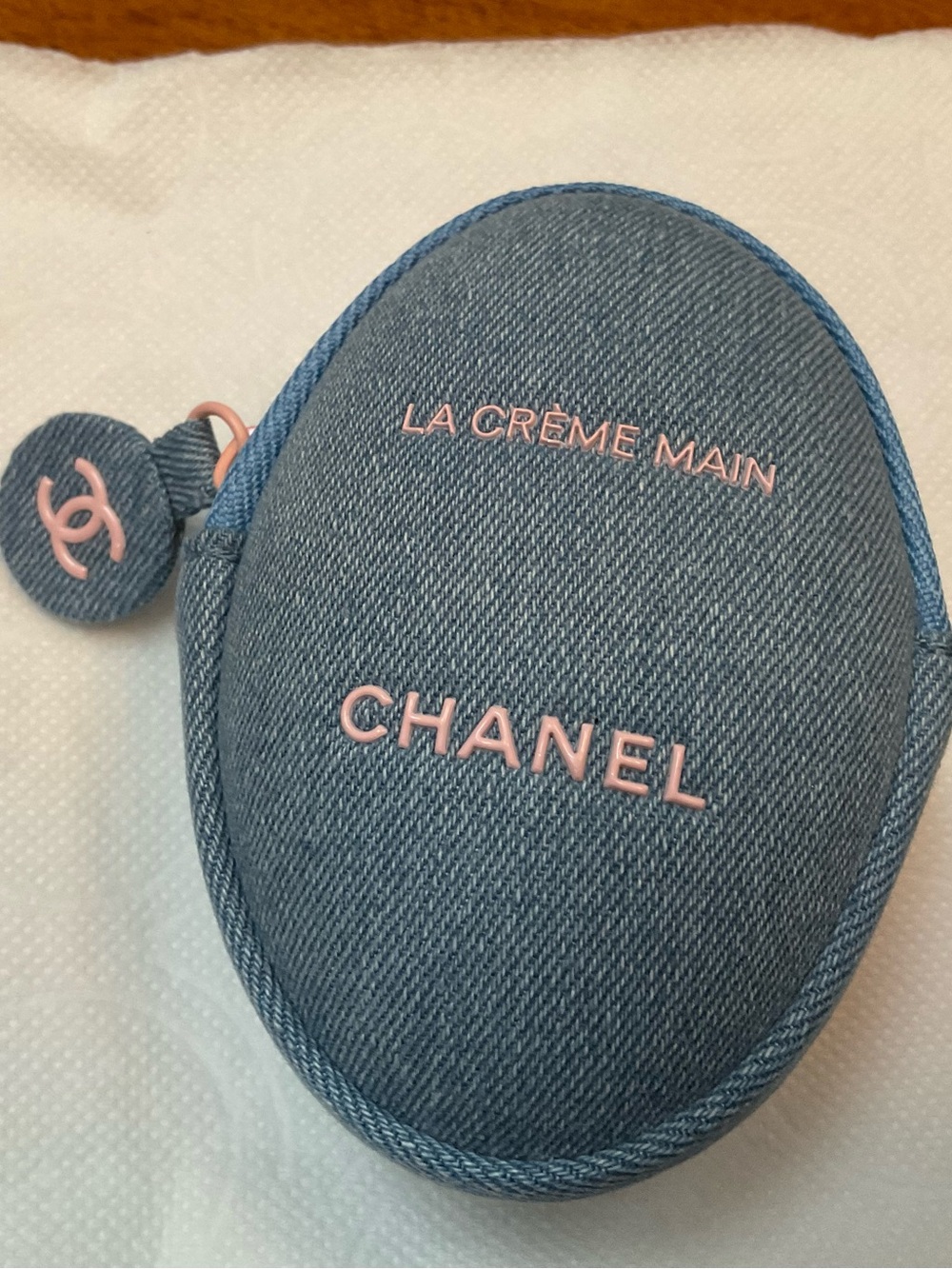 Chanel La Crème Main Denim Pouch with Pink Logo AUTHENTIC BRAND NEW